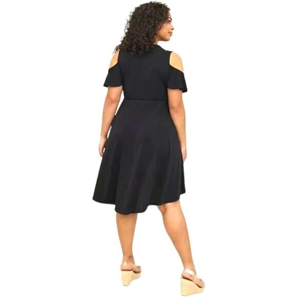 TORRID PLUS Size Black Mini Studio knit Cold Shoulder Wrap Dress. - Picture 6 of 13